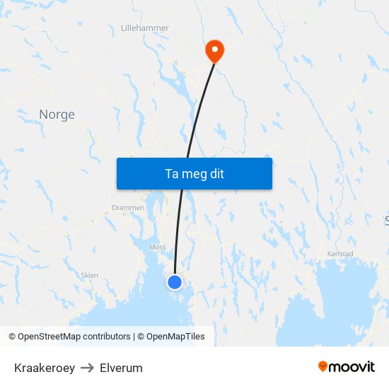 Kraakeroey to Elverum map