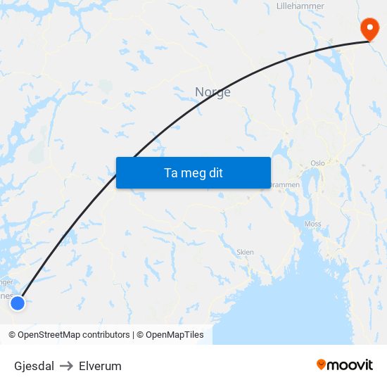 Gjesdal to Elverum map