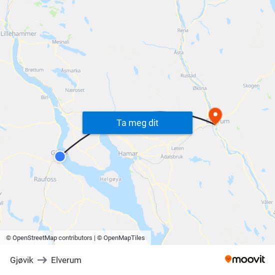 Gjøvik to Elverum map