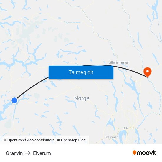 Granvin to Elverum map