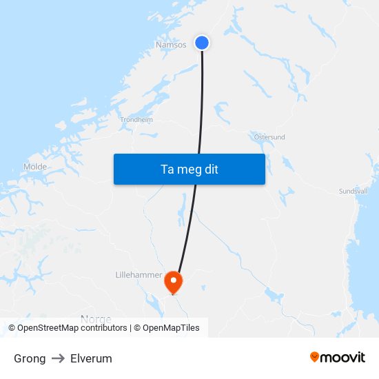 Grong to Elverum map
