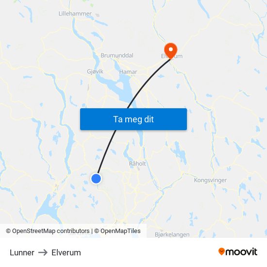 Lunner to Elverum map