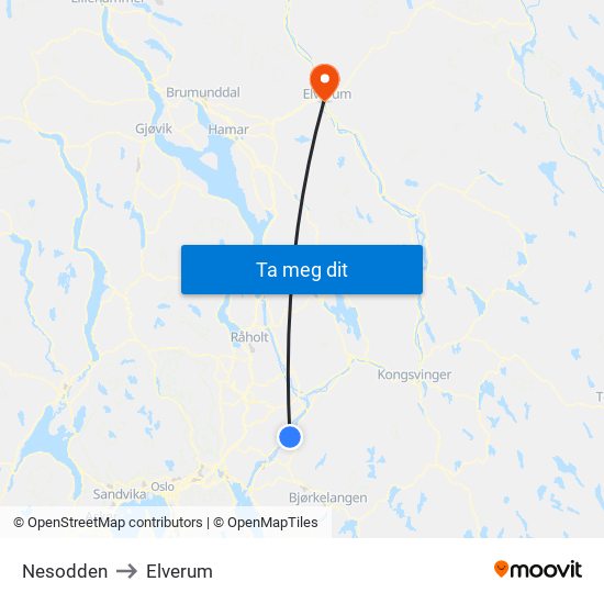 Nesodden to Elverum map