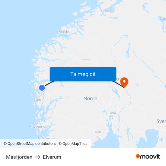 Masfjorden to Elverum map