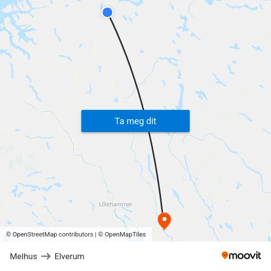Melhus to Elverum map