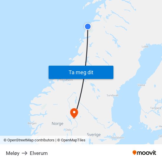 Meløy to Elverum map