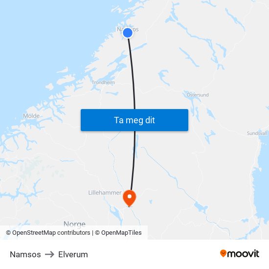 Namsos to Elverum map