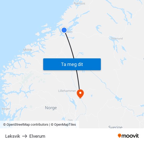 Leksvik to Elverum map