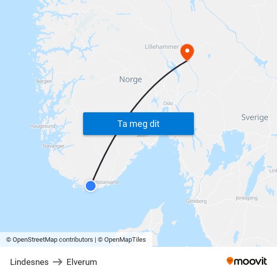 Lindesnes to Elverum map