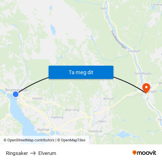 Ringsaker to Elverum map