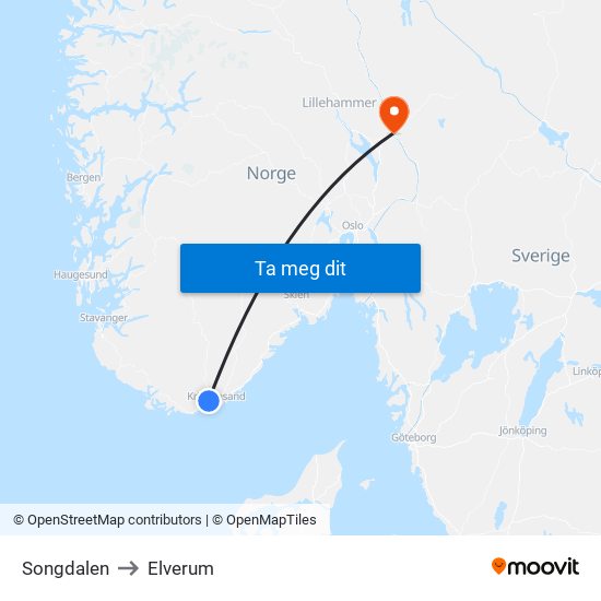 Songdalen to Elverum map