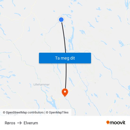 Røros to Elverum map