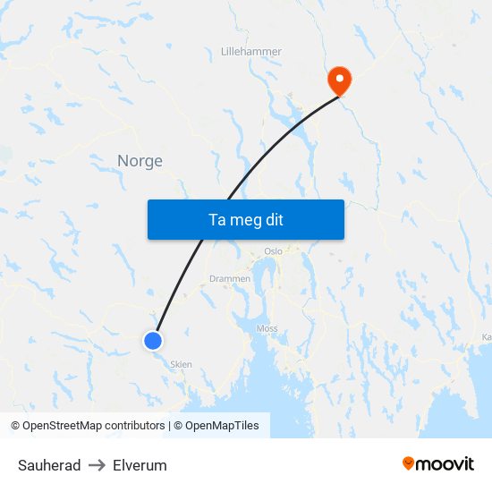 Sauherad to Elverum map