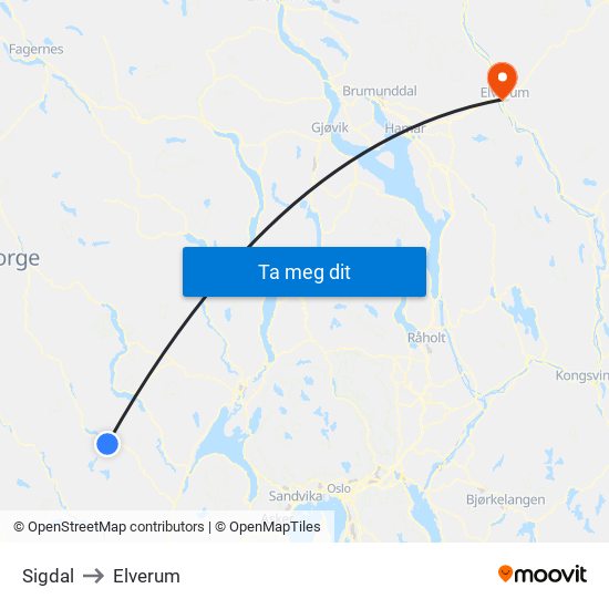 Sigdal to Elverum map