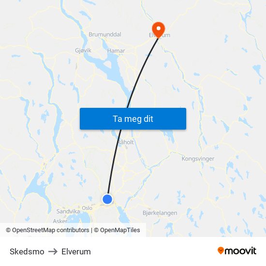 Skedsmo to Elverum map