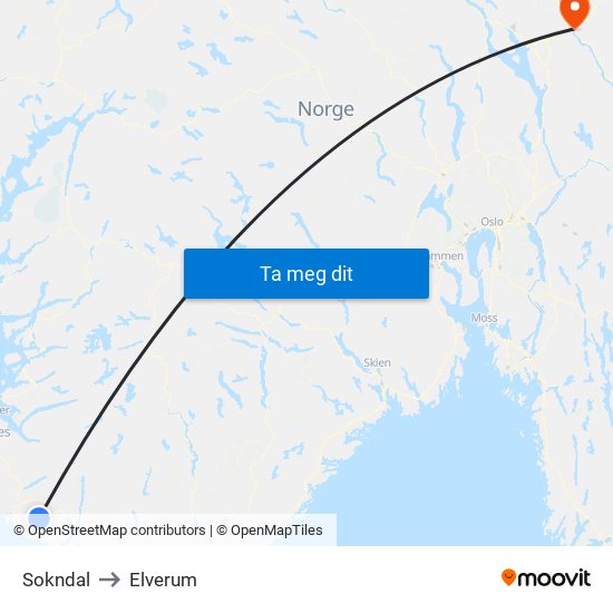 Sokndal to Elverum map