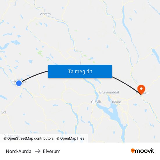 Nord-Aurdal to Elverum map