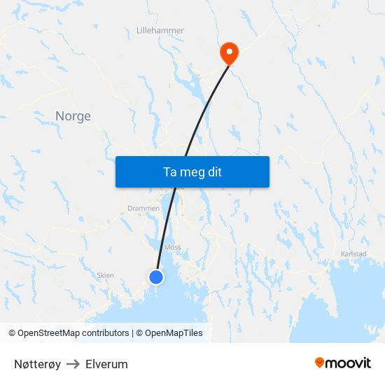 Nøtterøy to Elverum map