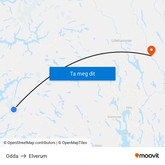 Odda to Elverum map