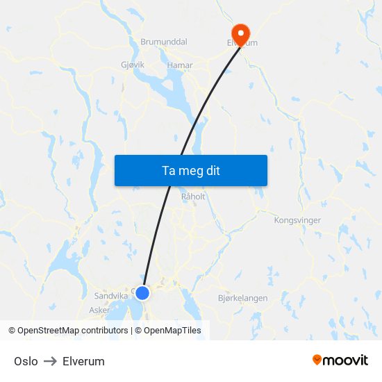 Oslo to Elverum map