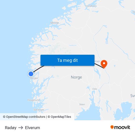 Radøy to Elverum map