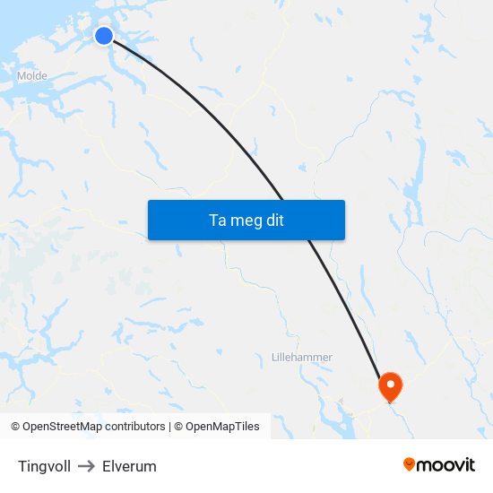 Tingvoll to Elverum map