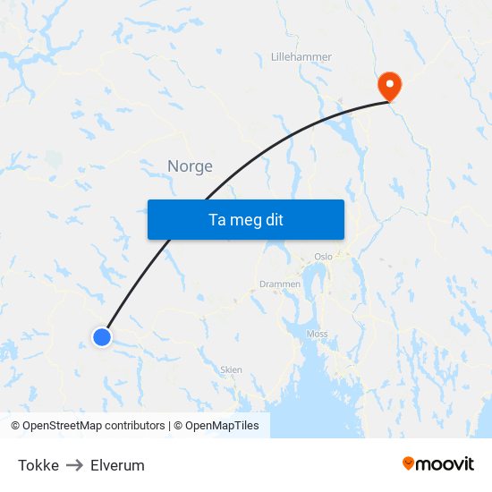 Tokke to Elverum map