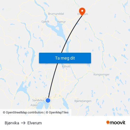 Bjørvika to Elverum map