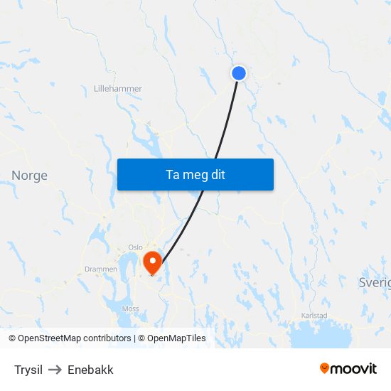 Trysil to Enebakk map