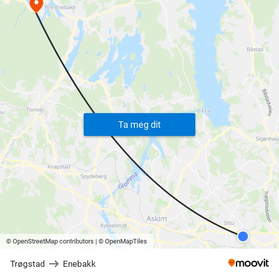 Trøgstad to Enebakk map