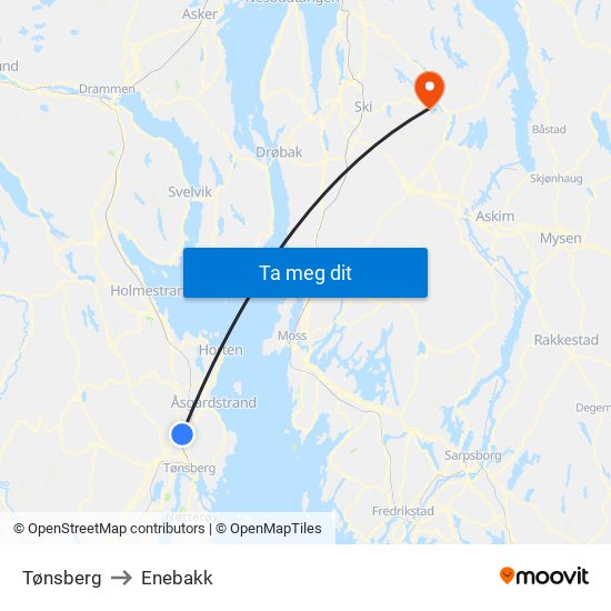 Tønsberg to Enebakk map