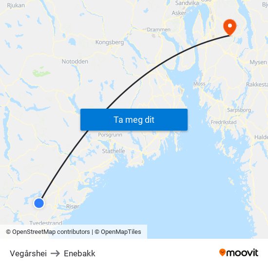 Vegårshei to Enebakk map