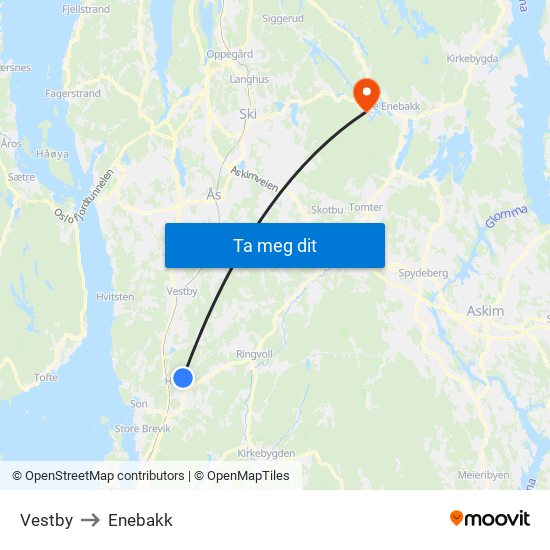 Vestby to Enebakk map