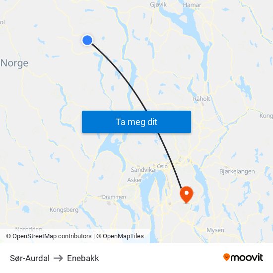 Sør-Aurdal to Enebakk map