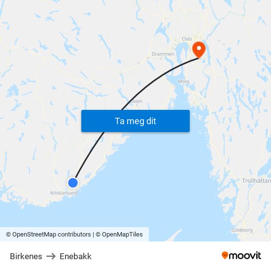 Birkenes to Enebakk map