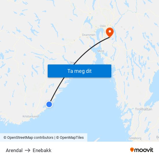 Arendal to Enebakk map