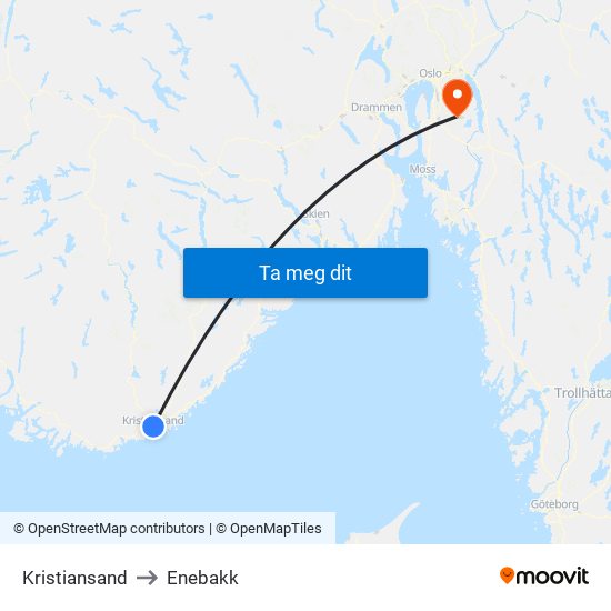 Kristiansand to Enebakk map