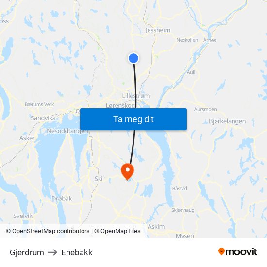 Gjerdrum to Enebakk map