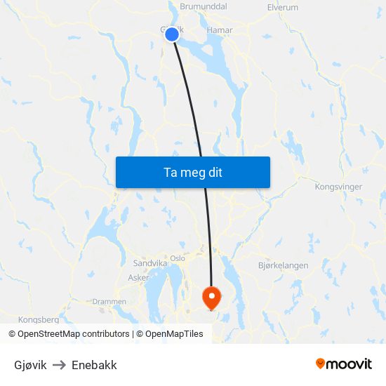 Gjøvik to Enebakk map