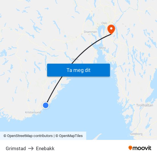 Grimstad to Enebakk map