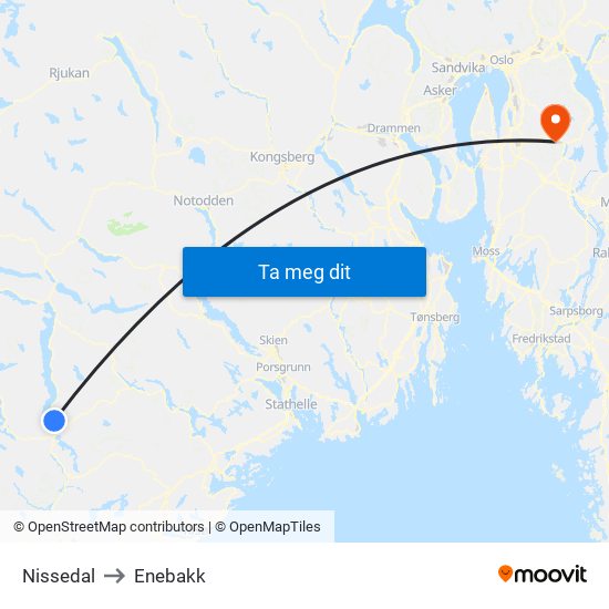 Nissedal to Enebakk map