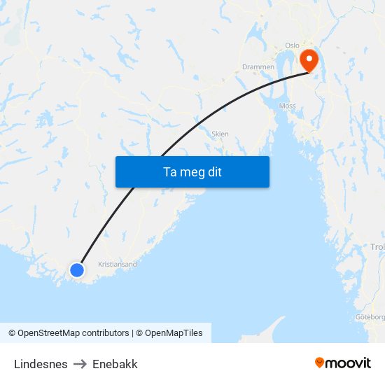 Lindesnes to Enebakk map