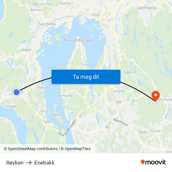 Røyken to Enebakk map