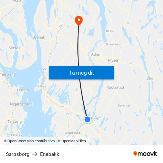 Sarpsborg to Enebakk map