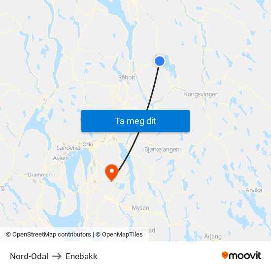 Nord-Odal to Enebakk map