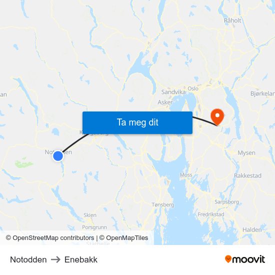 Notodden to Enebakk map