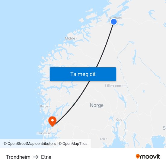 Trondheim to Etne map