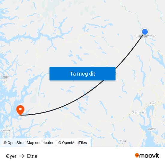 Øyer to Etne map