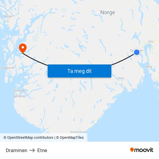 Drammen to Etne map