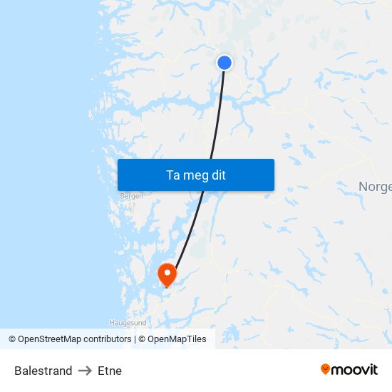 Balestrand to Etne map